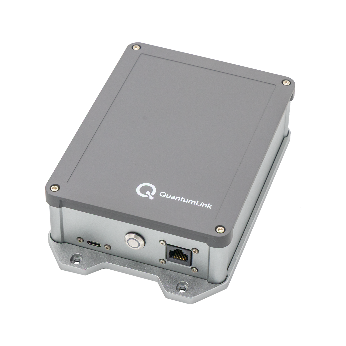 QuantumLink Indoor Gateway – Rechte Vorderansicht, robustes Aluminium-Gehäuse mit Erweiterungsoptionen für DePIN & IoT.