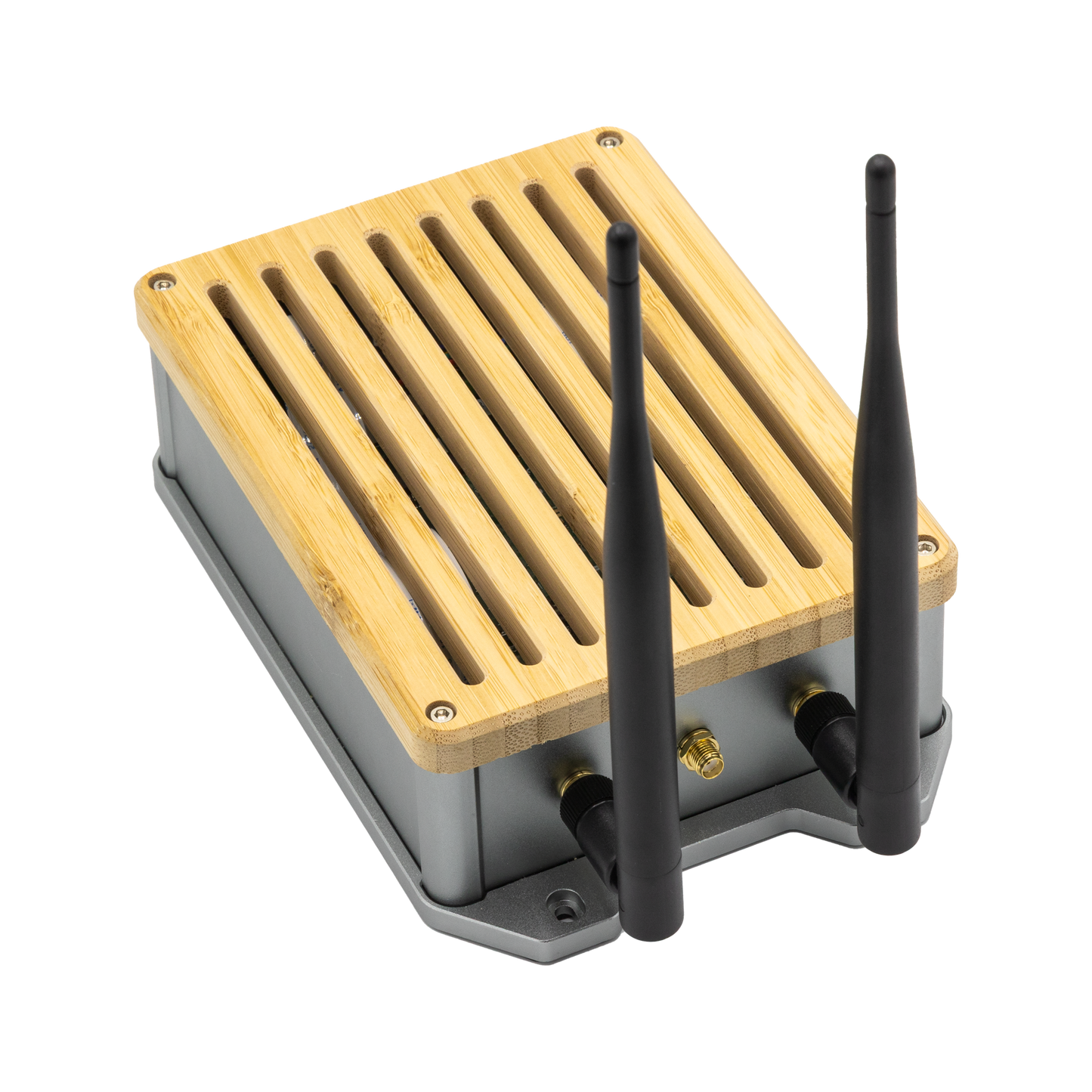QuantumLink Home Assistant Gateway – Rückansicht mit Antenne, Smart Home Hub mit Deckel aus Eschenholz und Aluminium-Gehäuse.