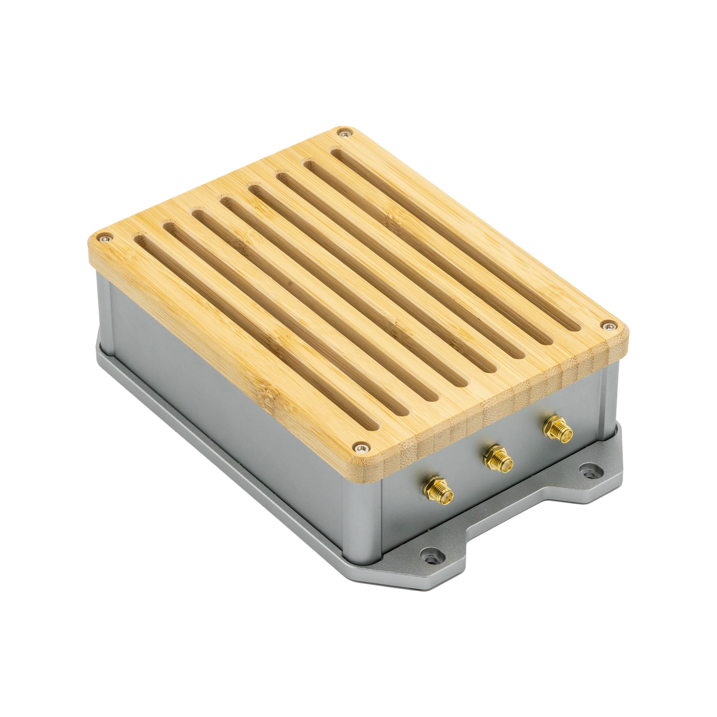 Linke Rückansicht des QuantumLink Home Assistant Gateways – Smarthome-Zentrale mit Eschenholz-Deckel und Aluminium-Gehäuse.