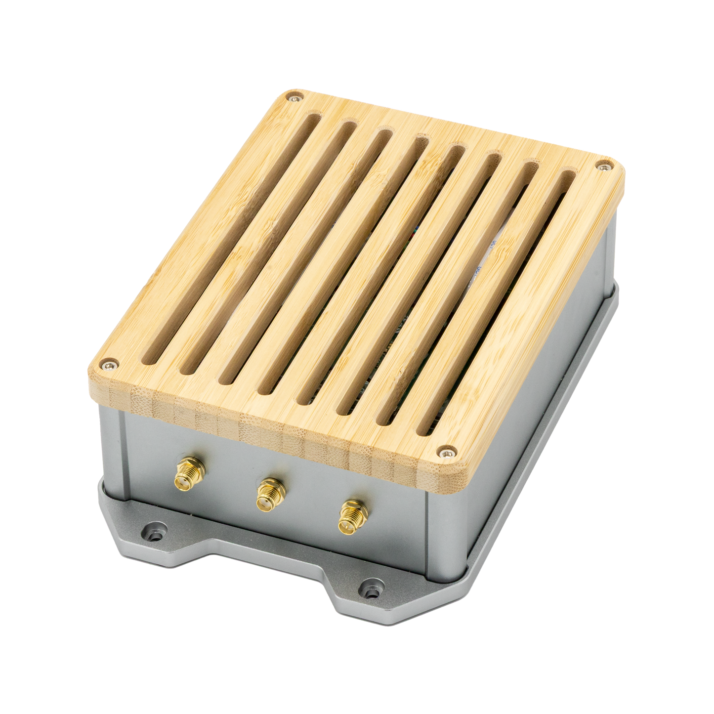 Rechte Rückansicht des QuantumLink Home Assistant Gateways – Hochwertiges Smart-Home-Gateway mit Aluminium-Gehäuse und Eschenholz-Deckel.