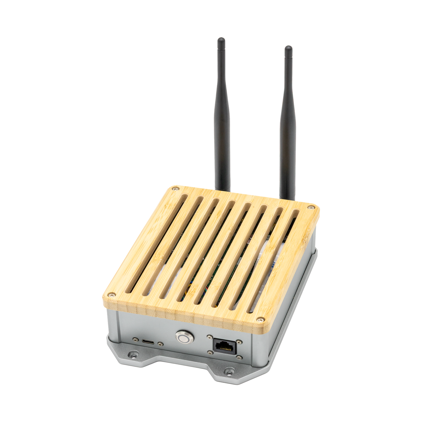 QuantumLink Home Assistant Gateway – Frontansicht mit Antenne, elegantes Design mit Deckel aus Eschenholz und Aluminium-Gehäuse.
