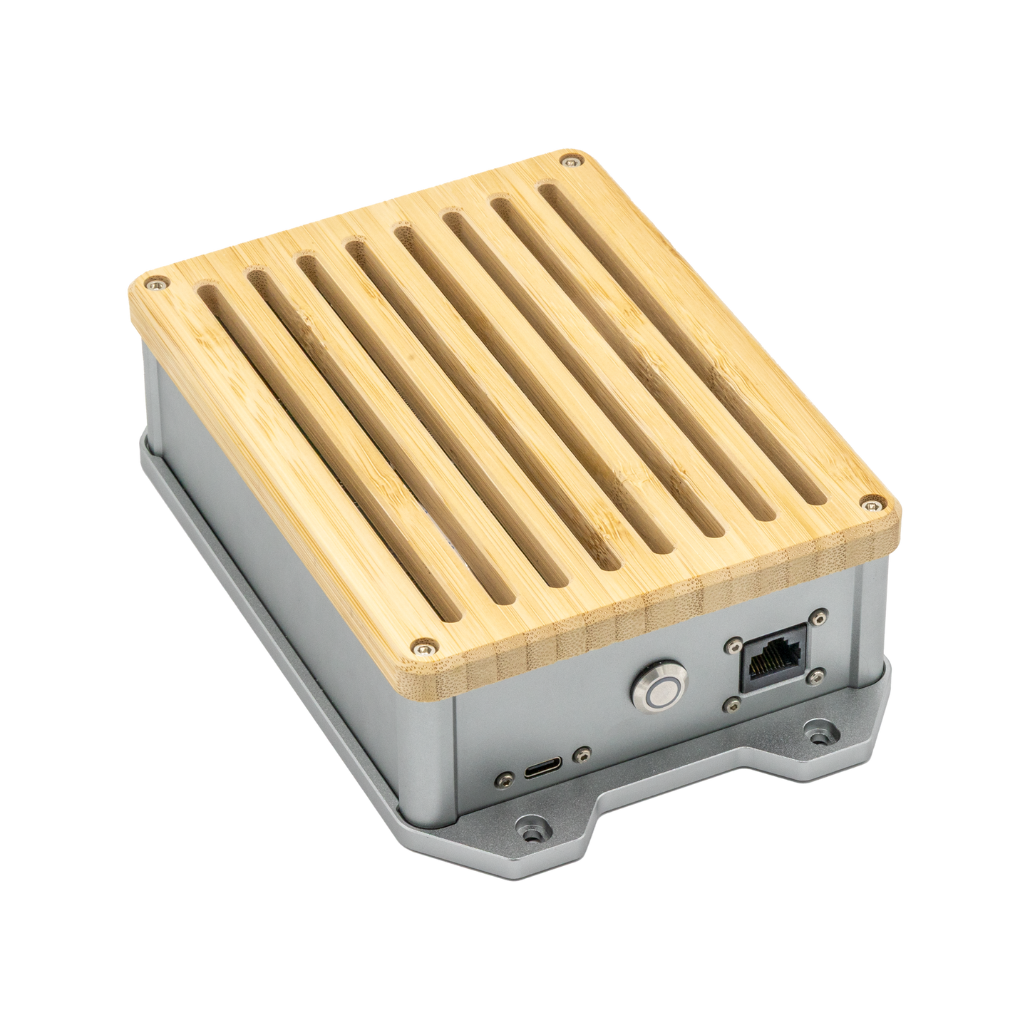 Linke Vorderansicht des QuantumLink Smart Home Gateways – Smarthome-Steuerzentrale mit edlem Aluminium-Gehäuse und Eschenholz-Deckel.
