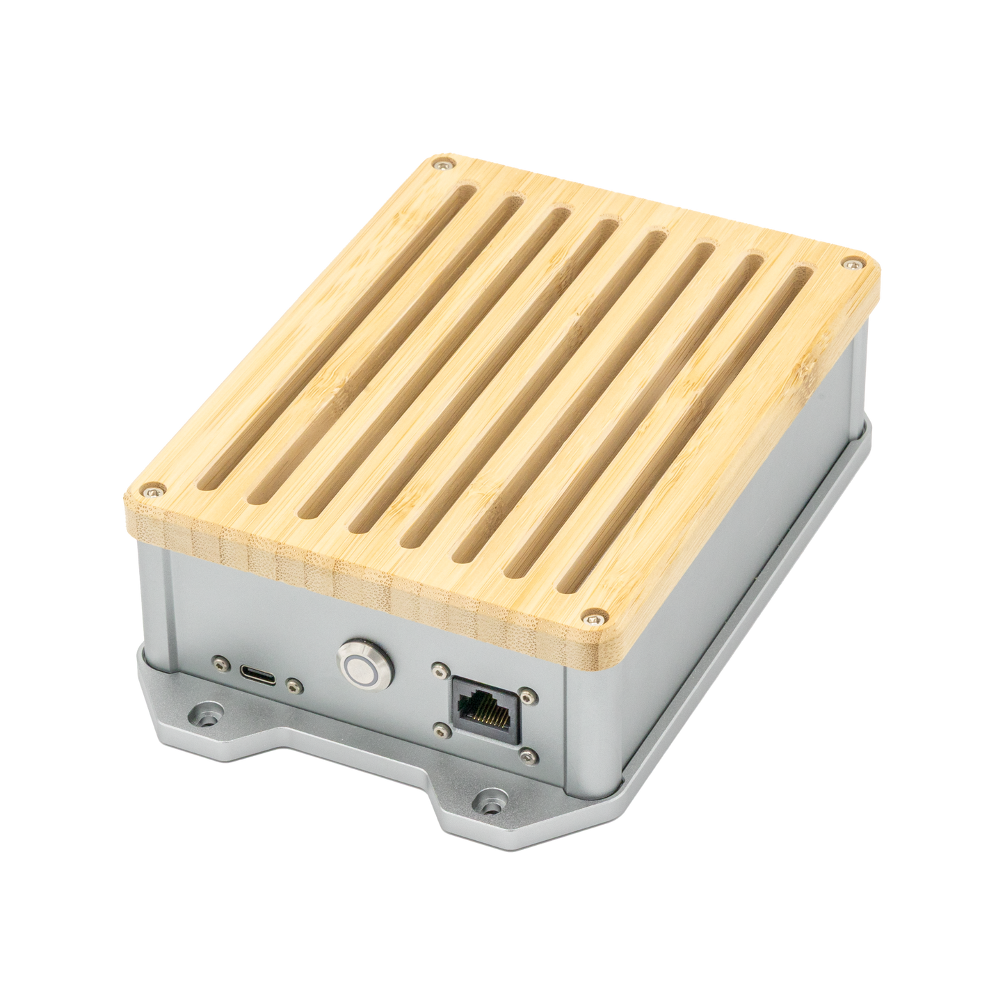 Rechte Vorderansicht des QuantumLink Home Assistant Gateways – Smarthome-Hub für Zigbee und Z-Wave mit Aluminium-Gehäuse und Eschenholz-Deckel.