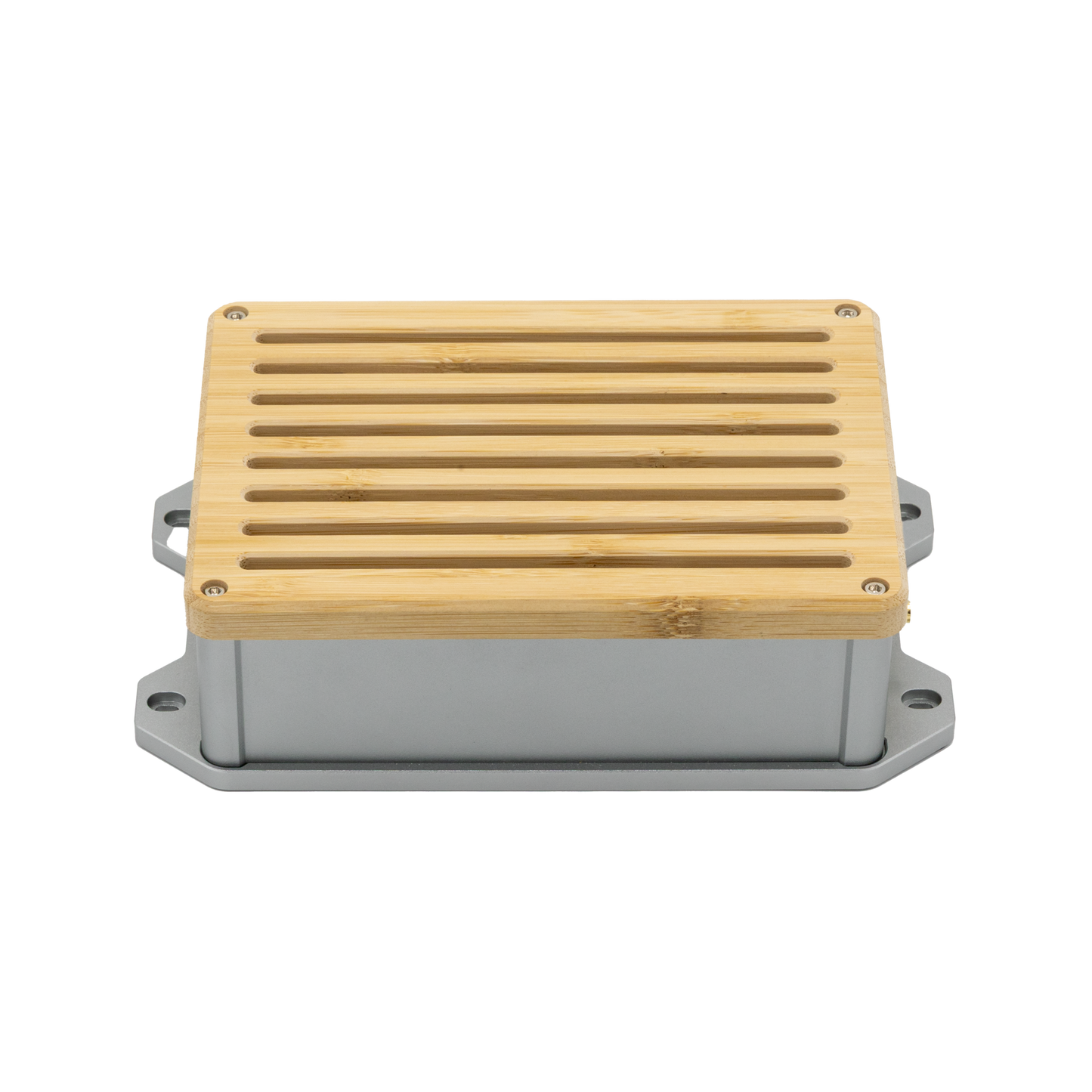 Rechte Seitenansicht des QuantumLink Smart Home Gateways – Modernes Design mit langlebigem Aluminium-Gehäuse und Deckel aus Eschenholz.