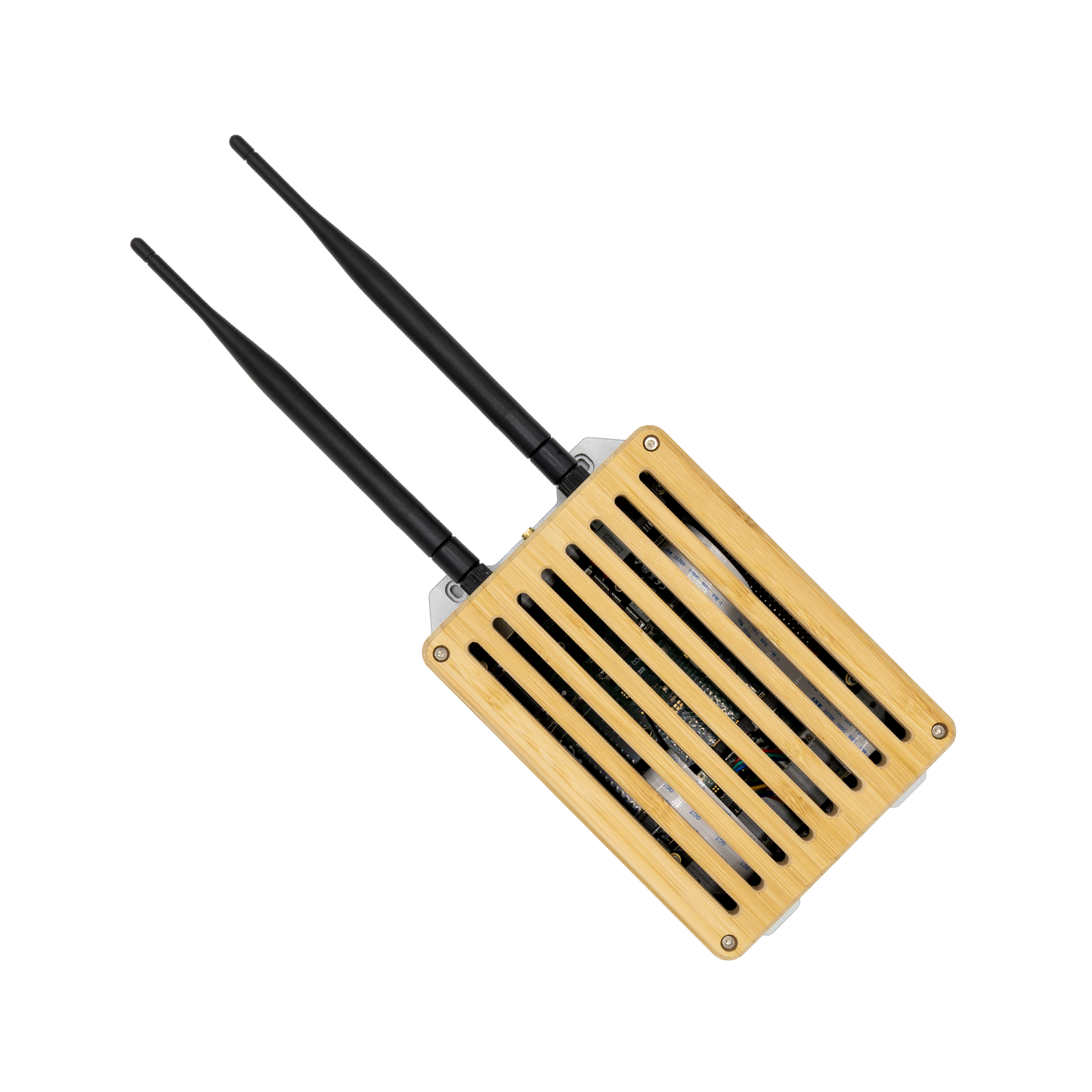 Oberansicht des QuantumLink Home Assistant Gateways mit Antenne – Hochwertige Smarthome-Steuerung mit Aluminium-Gehäuse und Eschenholz-Deckel.
