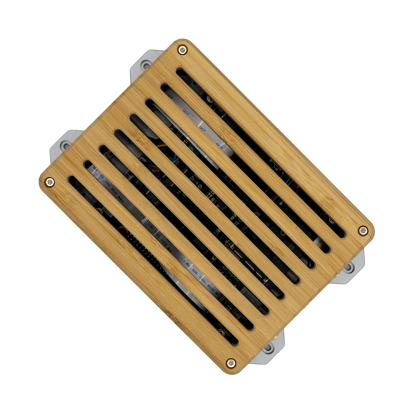 QuantumLink Home Assistant Gateway – Draufsicht mit minimalistischem Design, Aluminium-Gehäuse und Deckel aus Eschenholz.