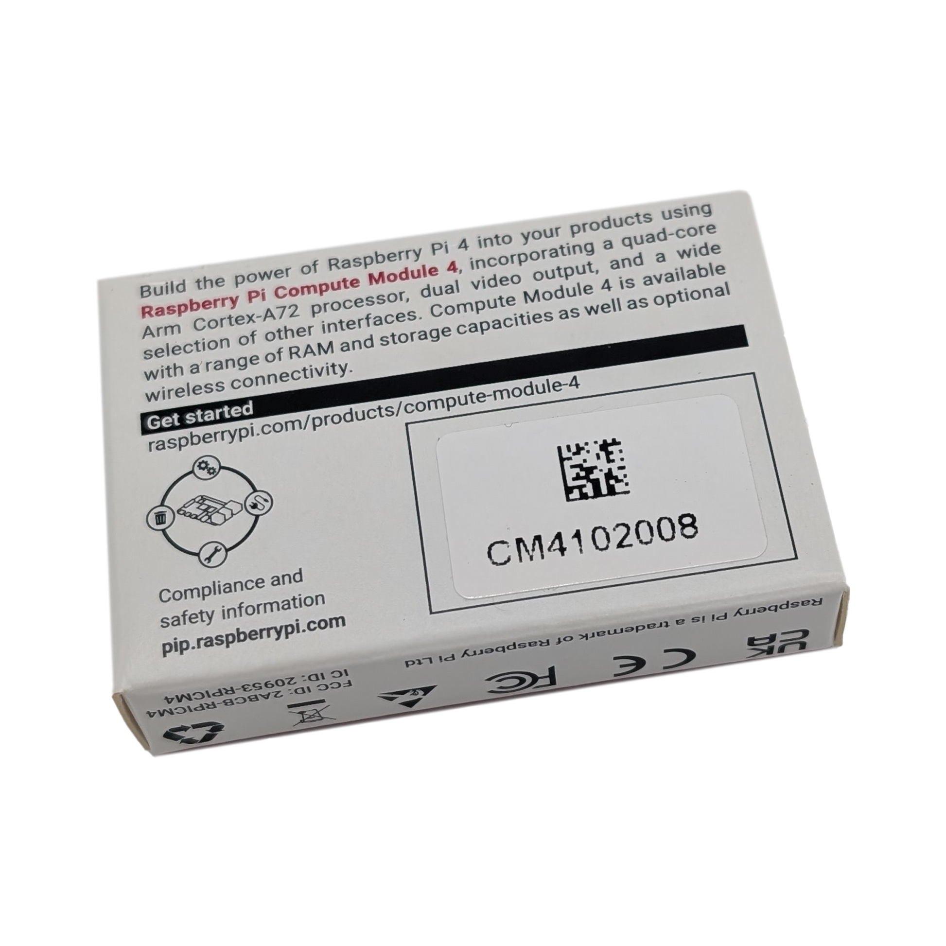Rückseite der Originalverpackung des Raspberry Pi Compute Module 4 CM4102008